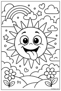 Funny Sun Face with Big Eyes and Tongue Out Coloring Page