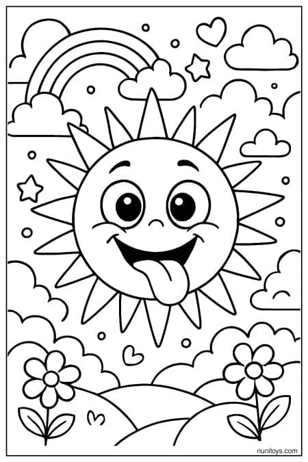 Playful Sun Face Above Rainbow and Flowers Coloring Page