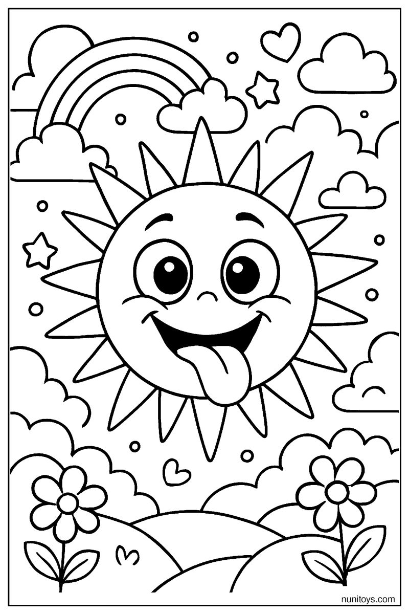 Funny Sun Face with Big Eyes and Tongue Out Coloring Page