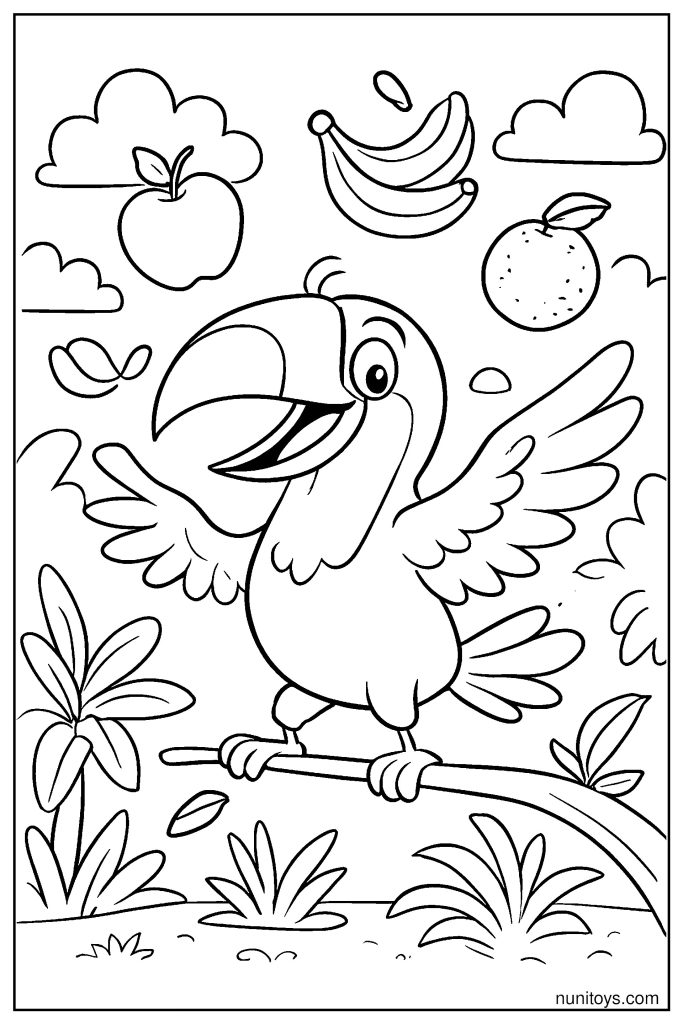 Funny Toucan Juggling Fruits Coloring Page