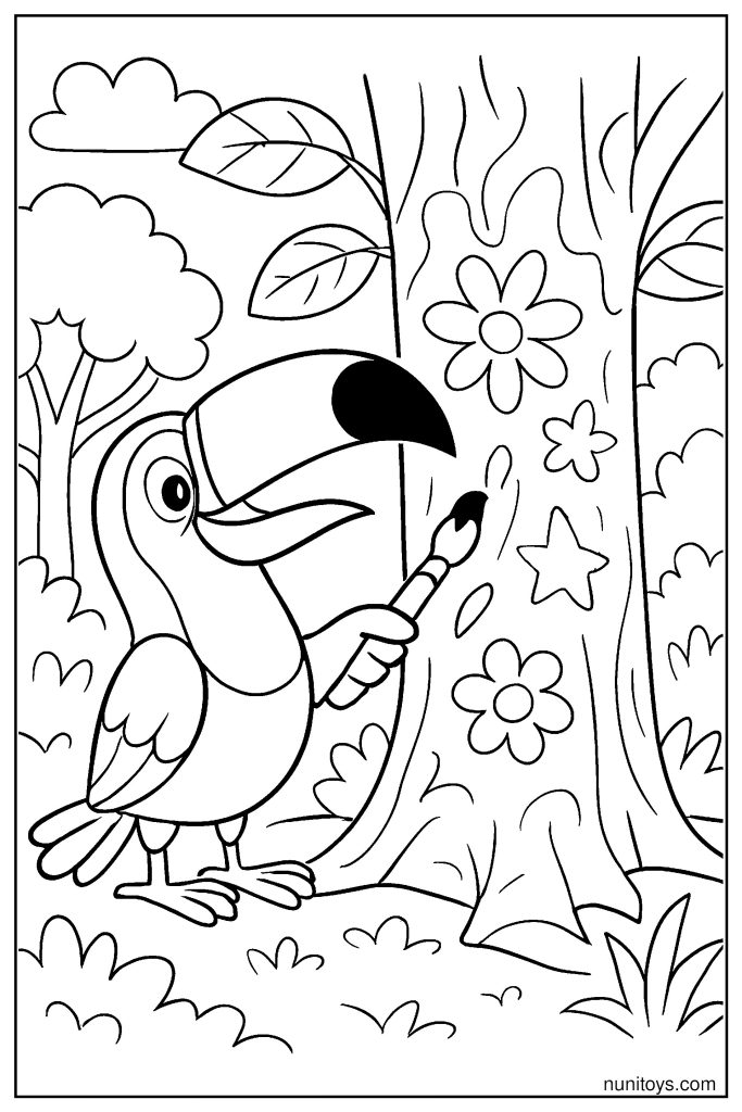 Funny Toucan Painting a Colorful Mural on a Tree Trunk Coloring Page