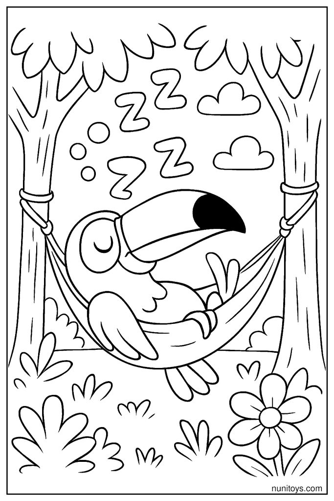 Funny Toucan Sleeping in a Hammock Coloring Page