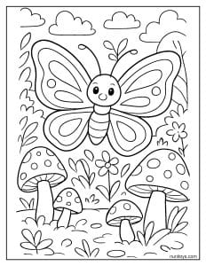 דף צביעה של פרפר גדול מרחף מעל פטריות בגן קסום