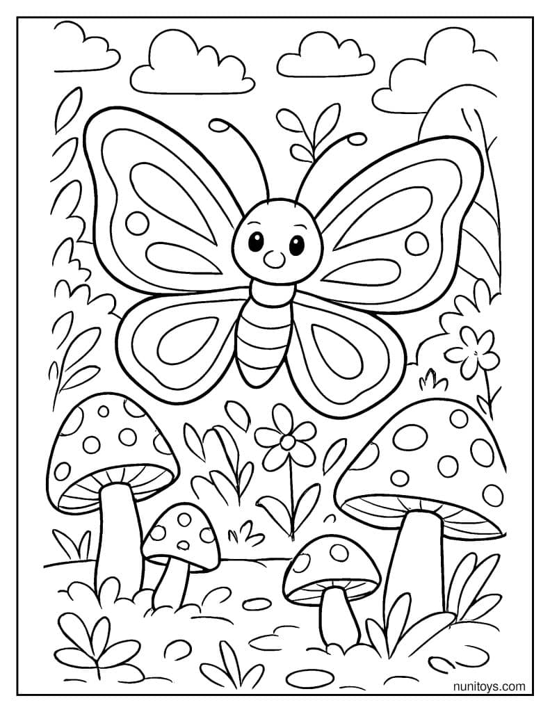דף צביעה של פרפר גדול מרחף מעל פטריות בגן קסום