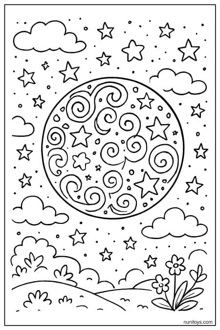 Swirling Pattern Moon Above Hills Coloring Page