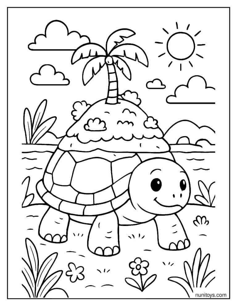 Coloriage d’une tortue portant une île tropicale sur sa carapace