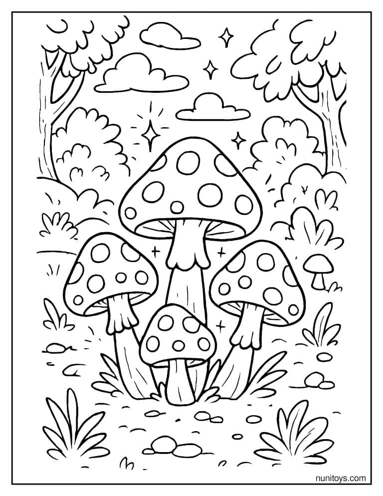 Coloriage groupe de champignons à pois dans une clairière étoilée