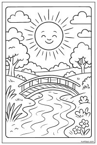 Golden Sun Over a River and Wooden Bridge Coloring Page
