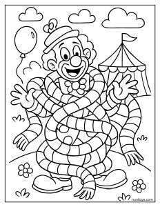 Goofy Clown Tangled in a Colorful Scarf Coloring Page