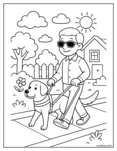 דף צביעה של כלב נחייה מוביל אדם עם לקות ראייה על המדרכה