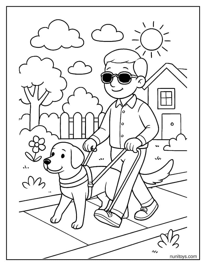 דף צביעה של כלב נחייה מוביל אדם עם לקות ראייה על המדרכה