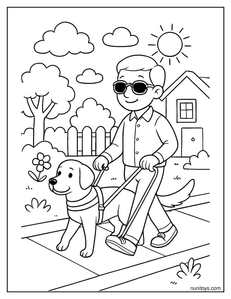 דף צביעה של כלב נחייה מוביל אדם עם לקות ראייה על המדרכה