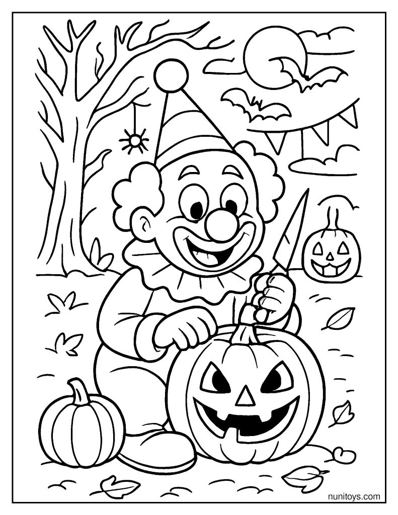 Halloween Clown Carving a Pumpkin with a Funny Expression Coloring Page