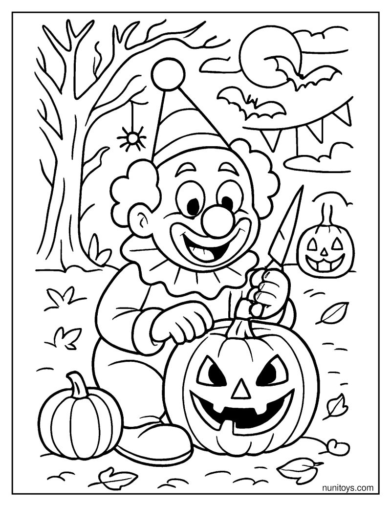 Halloween Clown Carving a Pumpkin with a Funny Expression Coloring Page