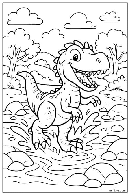 Allosaurus walks through shallow stream with stones and water Coloring Page