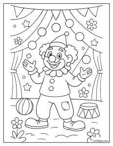 Happy Circus Clown Juggling Colorful Balls in a Big Top Coloring Page