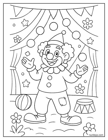 Clown Performing on Stage with Circus Props Coloring Page
