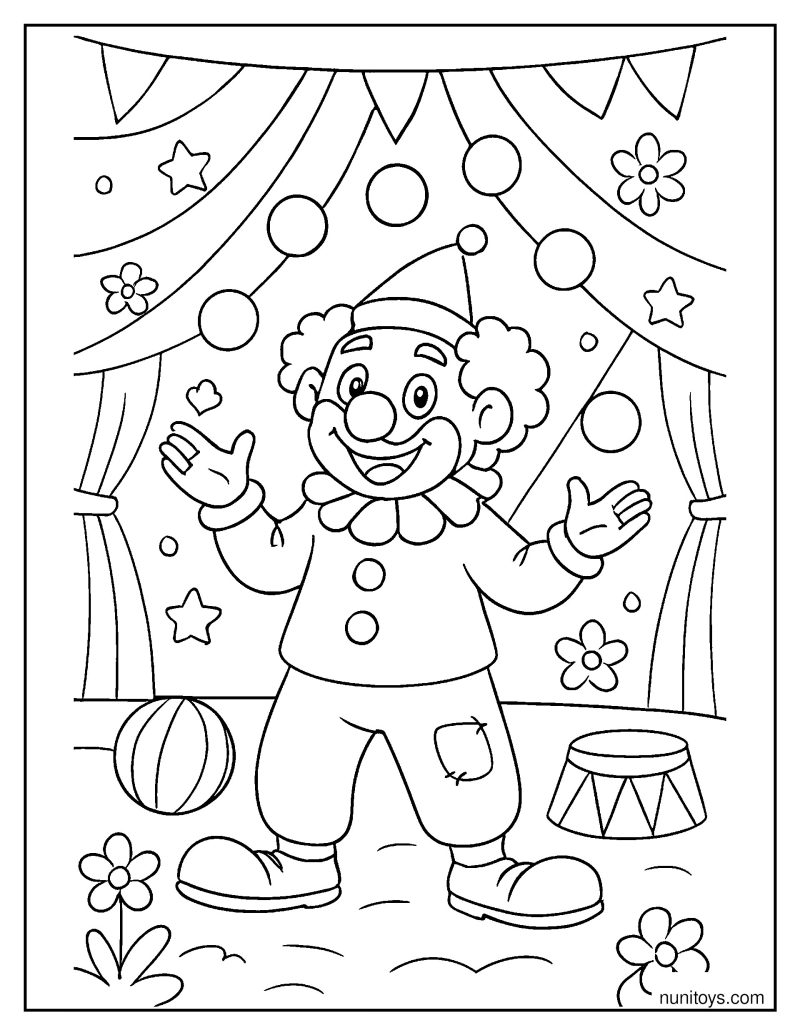 Happy Circus Clown Juggling Colorful Balls in a Big Top Coloring Page
