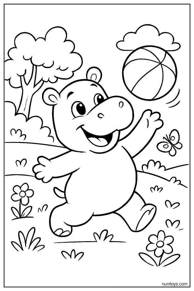 Happy Hippo Playing with Ball Coloring Page