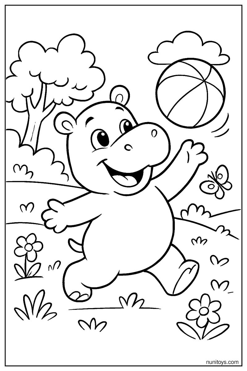 Happy Hippo Playing with Ball Coloring Page