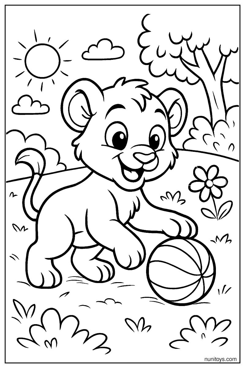 Happy Lion Cub Playing with a Ball Coloring Page