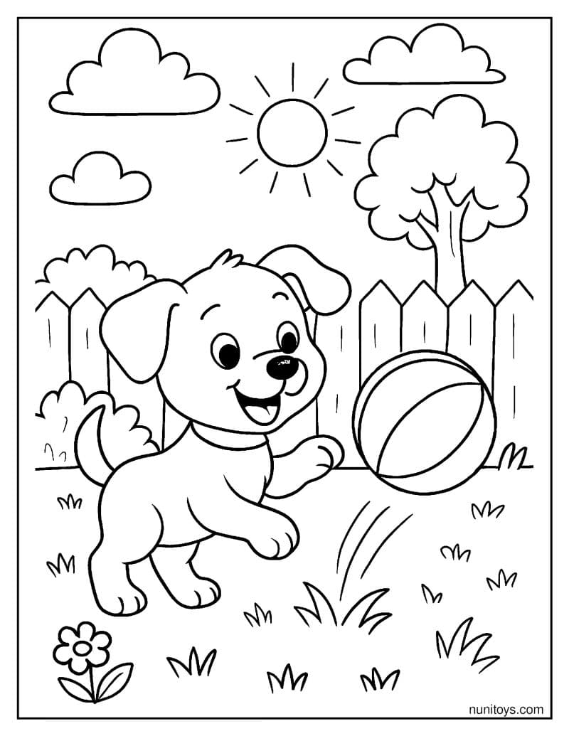 דף צביעה של גור כלבים חמוד משחק עם כדור בגינה