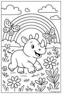 Happy Rhino Chasing Butterflies Near a Colorful Rainbow Sky Coloring Page