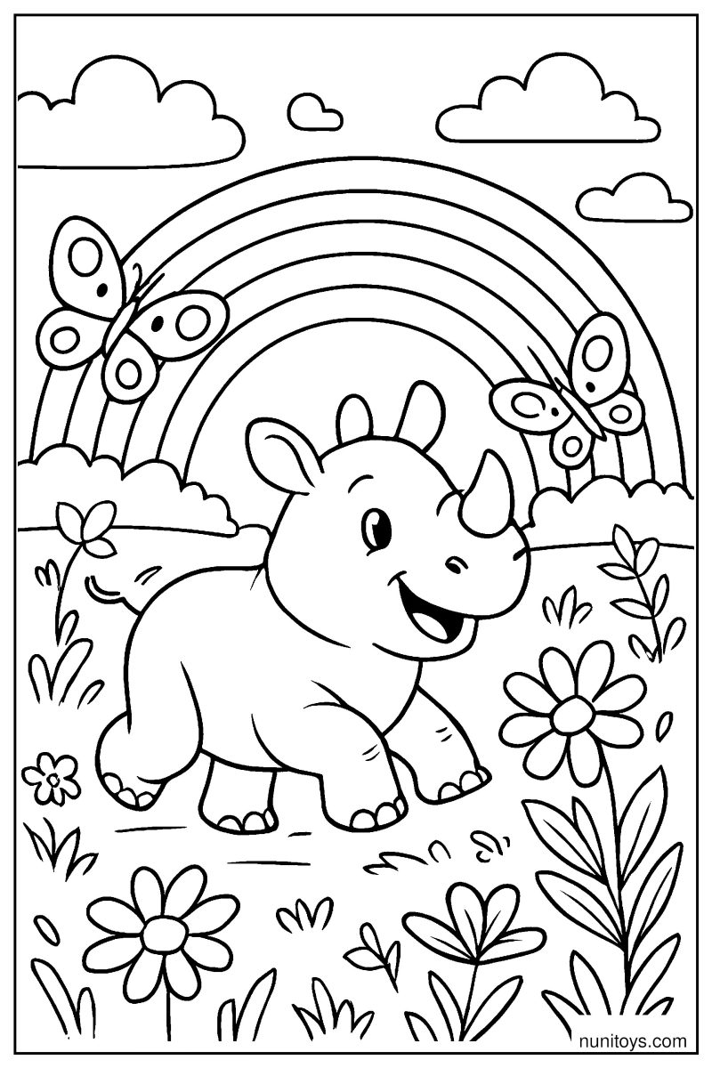 Happy Rhino Chasing Butterflies Near a Colorful Rainbow Sky Coloring Page