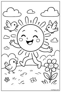 Happy Sun Dancing with Birds Coloring Page