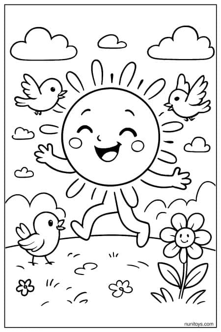 Happy Sun Dancing with Birds Coloring Page