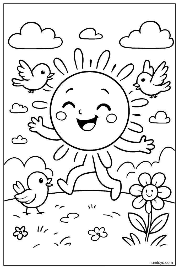Happy Sun Dancing with Birds Coloring Page