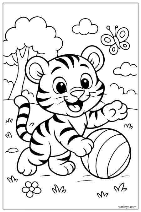 Playful Tiger Rolling a Ball in a Garden Coloring Page