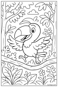 Happy Toucan Hopping Through Colorful Forest Branches