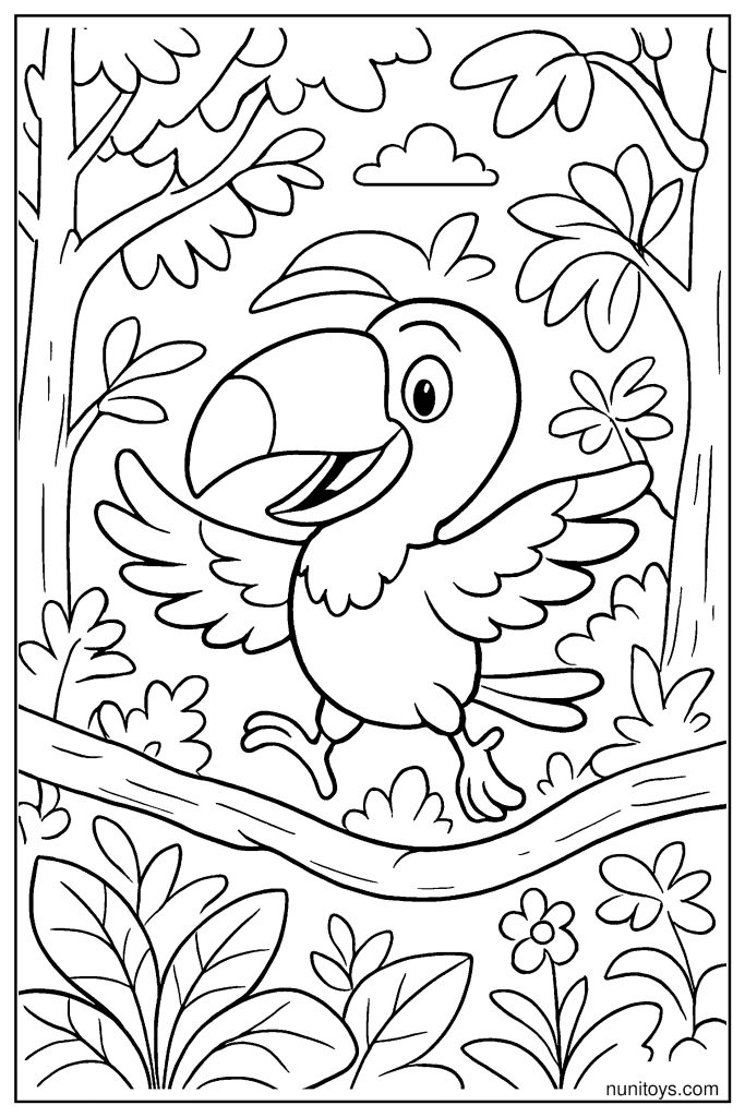 Happy Toucan Hopping Through Colorful Forest Branches