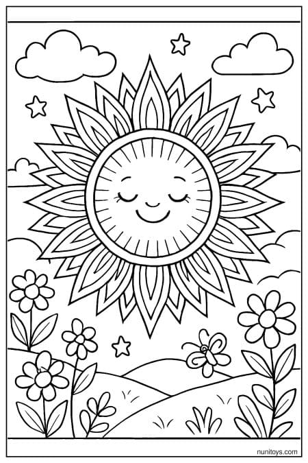 Peaceful Sun Above Flowers and Hills Coloring Page
