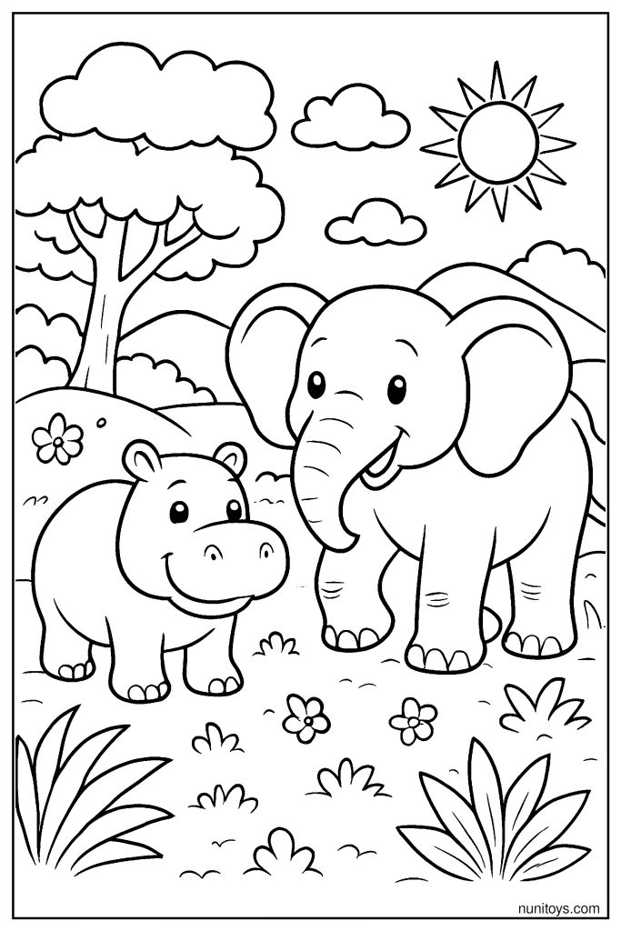 Hippo and Elephant Walking Together Coloring Page