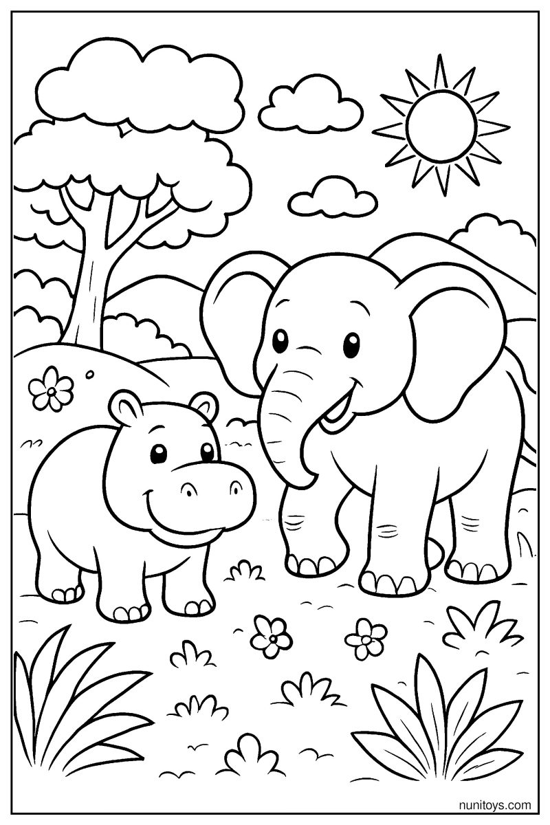 Hippo and Elephant Walking Together Coloring Page