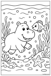 Hippo and Fish Swimming Together Underwater Coloring Page