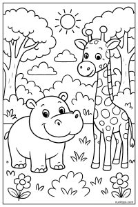 Hippo and Giraffe Standing Near Trees Coloring Page