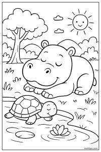 Hippo and Turtle Resting by the Water Coloring Page