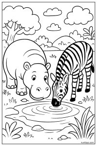 Hippo and Zebra Drinking Water Together Coloring Page