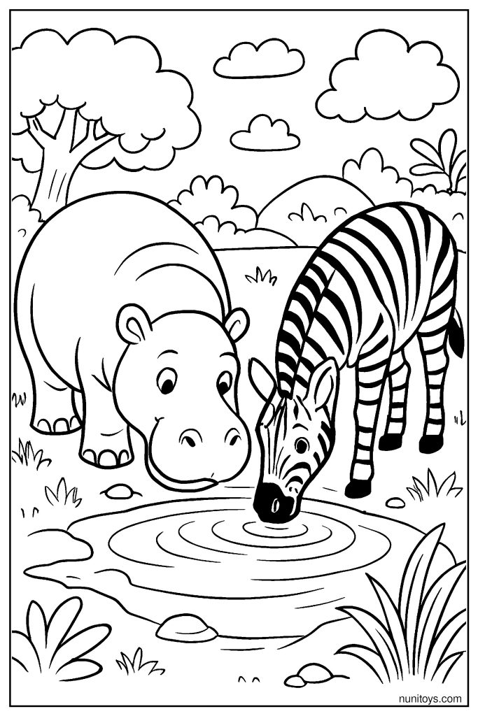 Hippo and Zebra Drinking Water Together Coloring Page