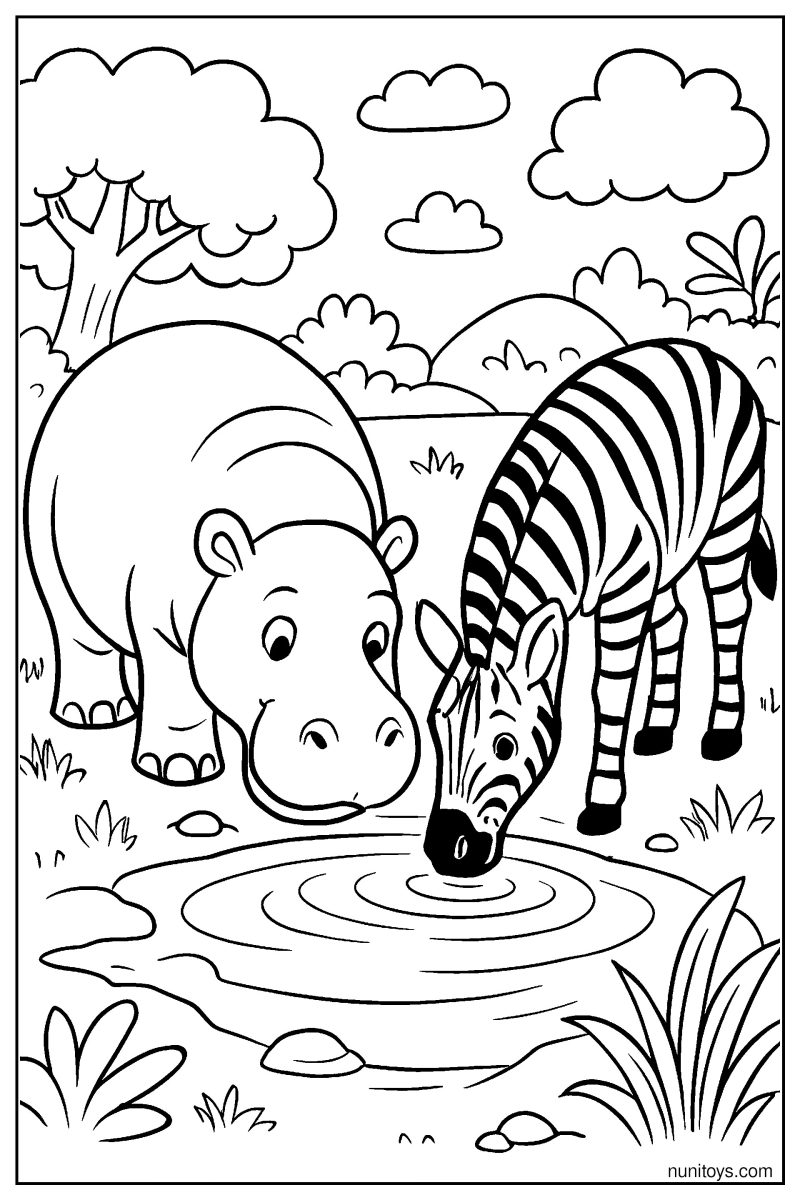 Hippo and Zebra Drinking Water Together Coloring Page
