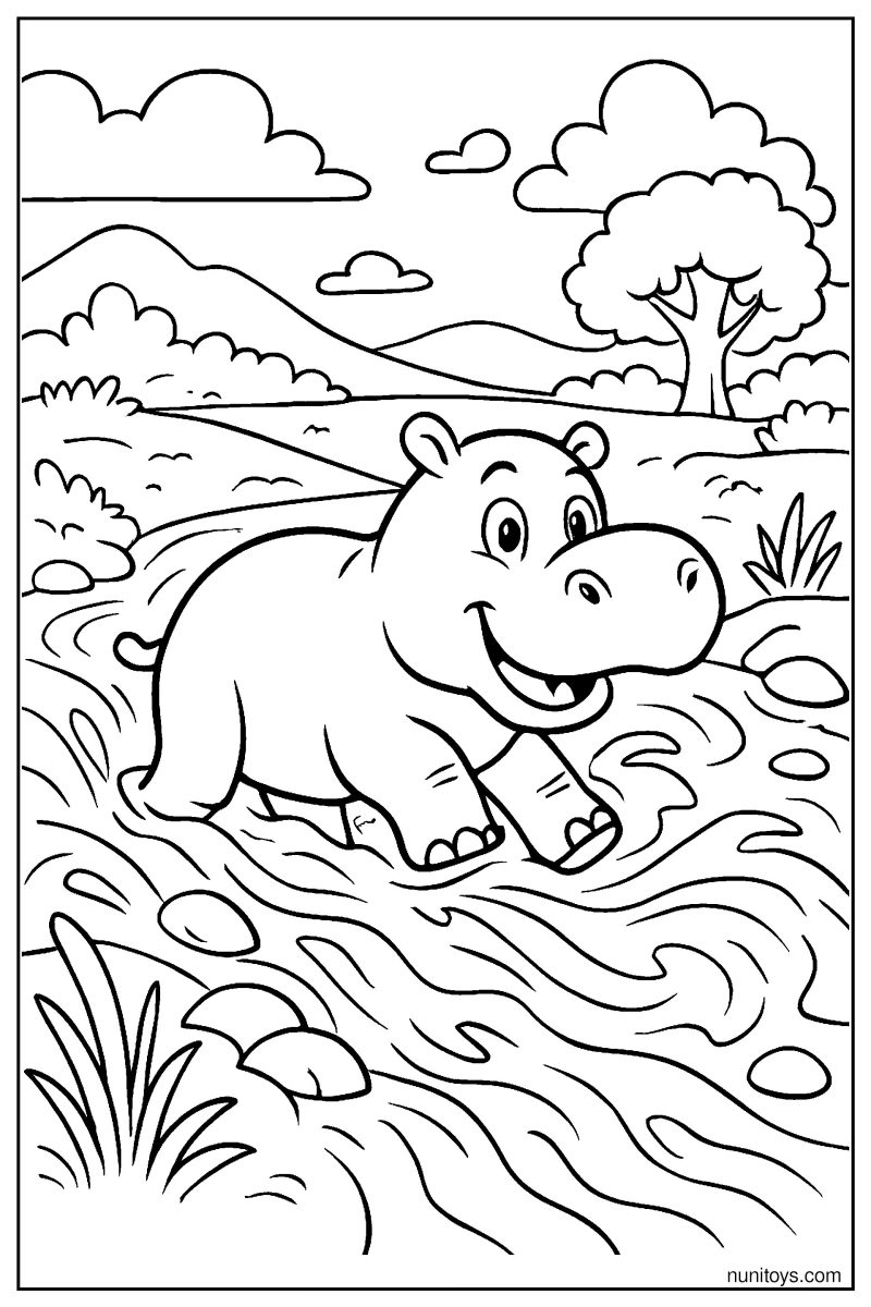Hippo Crossing the River with a Strong Current Coloring Page