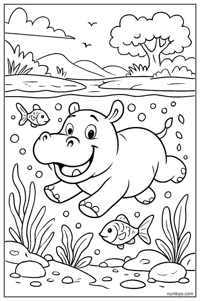Hippo Diving Underwater Fun: River Scene Coloring Page