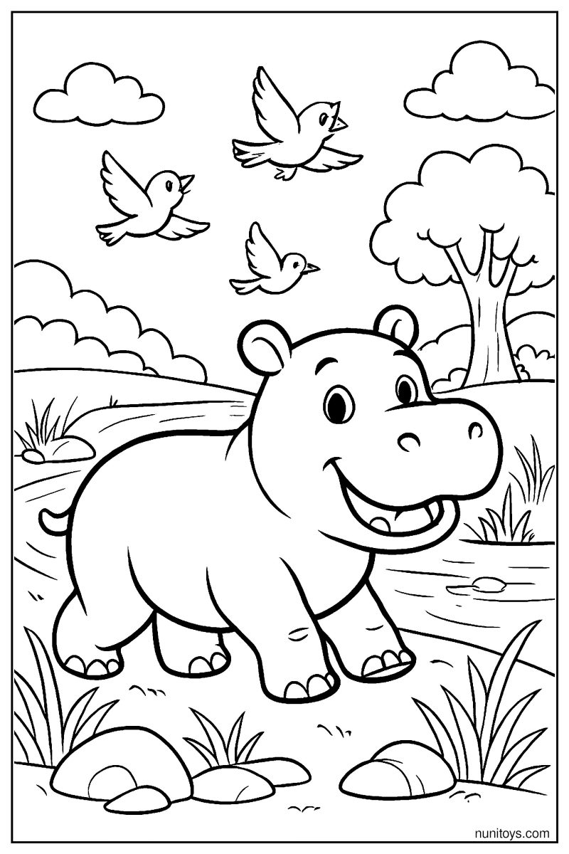 Hippo Exploring the Riverbank with Birds Coloring Page