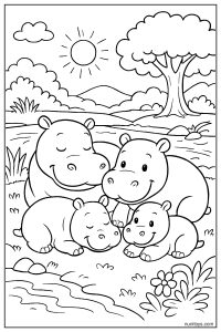 Hippo Family Resting Together Near the River Coloring Page