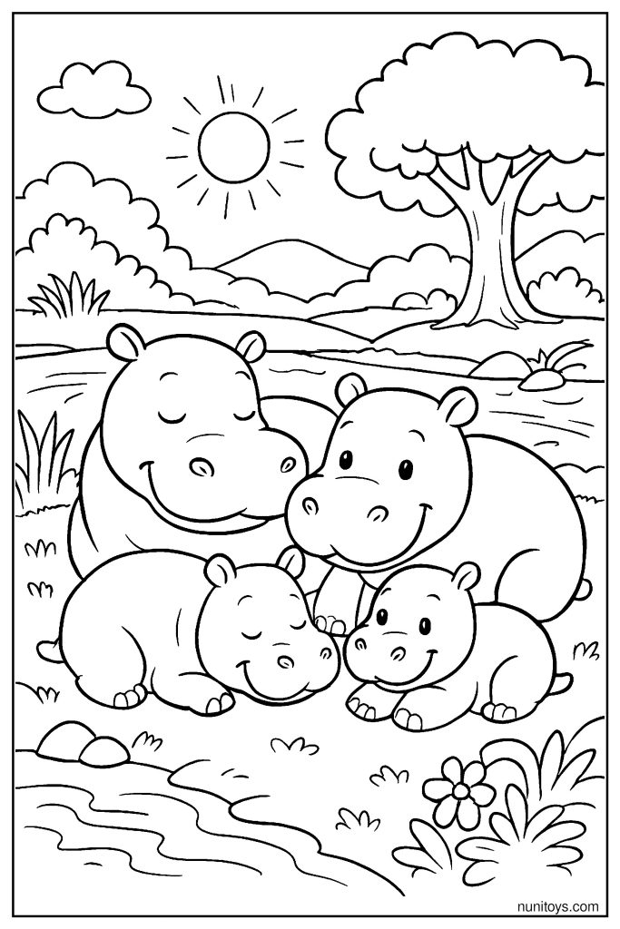 Hippo Family Resting Together Near the River Coloring Page