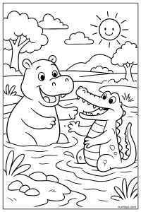 Hippo Playing with Crocodile in River Scene Coloring Page