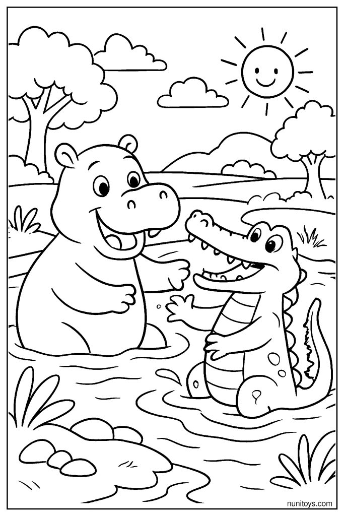 Hippo Playing with Crocodile in River Scene Coloring Page